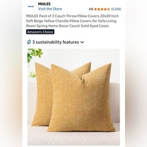 NIB Miulee Set of Yellow/Gold Chenille Pillow Cases/Covers 20" x 20" Bed,Sofa